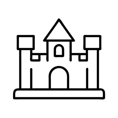 Siperleri ve ana kemer yolu olan bir fantezi şatosunun minimalist siyah çizgili sanat çizgisi çizimi. Peri masalı teması, oyun ya da tarihi tasarım için ideal..