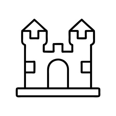 İki sivri uçlu kulesi, siperli siperleri ve merkezi kemerli girişi olan basit bir ortaçağ kalesi çizimi. Fantezi ya da geçmiş teması için ideal.
