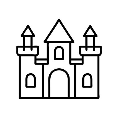 Klasik bir fantezi şatosunu tasvir eden minimalist siyah bir taslak. Kuleleri, bayrakları ve kemerli girişleri var. Web tasarımı, uygulamalar ya da çocuk medyası için mükemmel.