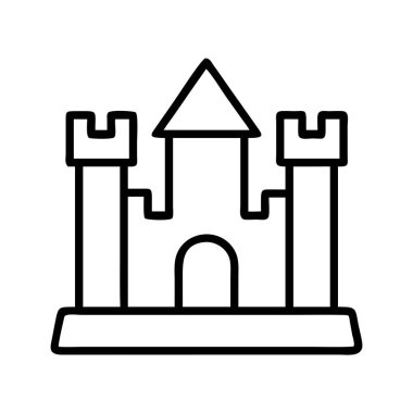Klasik bir kale yapısını tasvir eden minimalist bir siyah taslak ikonu. Konik çatısı ve sağlam bir üste güçlendirilmiş iki kulesi olan bir ana bina. Grafik tasarımı, web ögeleri veya çocuk temaları için ideal.
