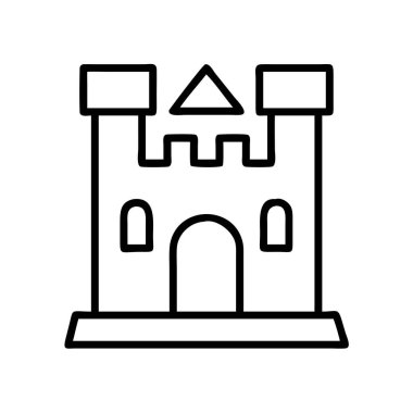 Minimalist bir siyah çizgi sanat ikonu, beyaz arka planda izole edilmiş, birden fazla kulesi ve kemerli klasik bir fantezi şatosunu tasvir ediyor. Web ya da baskı tasarımı için mükemmel.