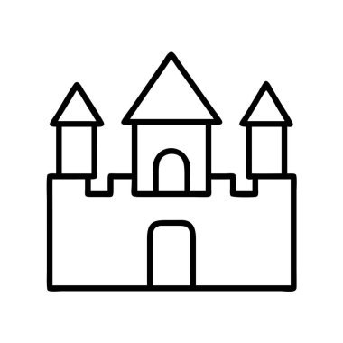 Taretleri, duvarları ve kemerleri olan geleneksel bir kalenin minimalist siyah beyaz çizimi peri masallarını, kraliyet ailesini ve tarihi simgeliyor..