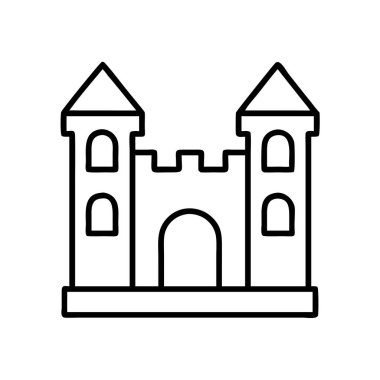 İki belirgin kulesi ve kemerli girişi olan klasik bir ortaçağ kalesi ve tarihi, fantaziyi ve güvenliği sembolize eden minimalist siyah ana hatlı vektör çizimi..
