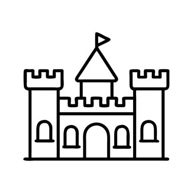 Kuleleri, mazgalları ve bayrağı olan bir karikatür kalesinin minimalist siyah çizimi. Çocuk hikayeleri, oyunlar, fantezi temaları veya web tasarımı öğeleri ve simgeleri için ideal.