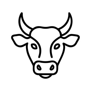 Boynuzları, kulakları, gözleri ve burnu olan bir ineğin basit, temiz, siyah çizgili sanat tasviri. Markalaşma, çiftlik temaları, süt ürünleri veya hayvanlarla ilgili içerik için ideal. İzole edilmiş arkaplanda vektör grafiği.