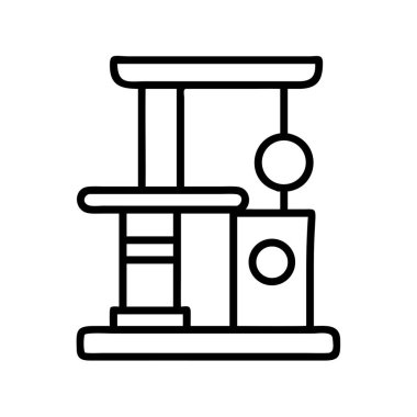 Çizgi resim simgesi, çok katlı bir kedi ağacının yüzeyi, platformları ve sallanan bir oyuncağı, hayvan bakımı, ev aksesuarları ya da hayvan oyun tasarımları için mükemmel..