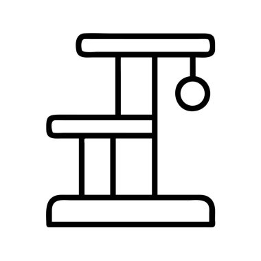 Tırmanmak için çeşitli seviyelere sahip bir kedi ağacı çizgisi çizimi, post yüzeyi tırmalamak ve oyuncu kediler için sallanan bir oyuncak. Evcil hayvan mobilyası kavramı.