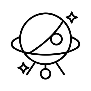 Kozmik bir nesnenin, muhtemelen bir gezegenin, uydunun ya da UFO 'nun, etrafındaki halkaların ve küçük parlak detayların yer aldığı minimalist çizgi çizgisi çizimi. Astronomi, bilim kurgu veya teknoloji projeleri için temiz vektör grafik tasarımı ideal.