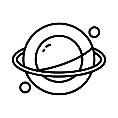 Satürn 'e benzeyen halkalı bir gezegeni tasvir eden minimalist siyah-beyaz çizgili bir sanat ikonu, temiz bir arkaplanda, yörüngede dönen iki küçük gök cisimciği ve uydular eşliğinde..