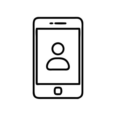 Kullanıcı profili sembolü gösteren akıllı telefonun minimalist çizgi resim simgesi. Cep telefonu hesap erişimini, iletişim detaylarını ve kullanıcı yönetim uygulamalarını temsil eder.