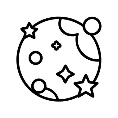 Yıldızlı ve gök cisimlerinin yörüngesinde dönen bir gezegeni tasvir eden basit bir vektör ana hatları ikonu. Astronomi, uzay keşfi, bilim ve eğitim temaları için ideal.