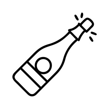 Şampanya şişesinin minimalist çizgili sanat ikonu. Mantarı patlamış, kutlamayı, başarıyı, partileri ve neşeli olayları simgeliyor. Davetiyeler, reklamlar ve grafikler için ideal.