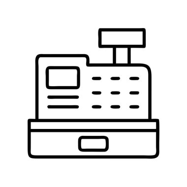 Bir yazar kasa makinesini tasvir eden minimalist bir çizgi sanat ikonu, perakende satışları, mali işlemler, ödeme sistemleri ve ticari işletmeler için mükemmel.