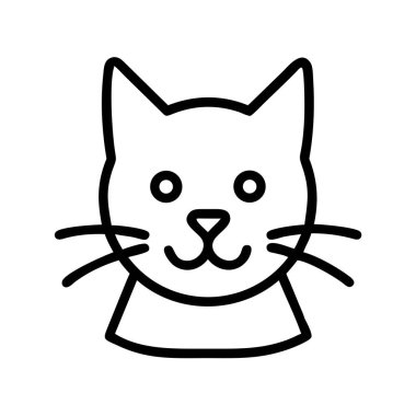 Evcil bir kedinin kafasının minimalist çizgisi, öne çıkan kulakları, dairesel gözleri, üçgen bir burnu ve bıyıkları var. Hayvan tasarımları, uygulamalar ve web siteleri için ideal.