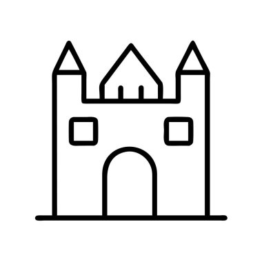 Kemerli girişi ve iki köşeli kulesi olan klasik bir şatoyu tasvir eden temiz, minimalist siyah bir ana hat ikonu. Kullanıcı arayüzü, web tasarımı veya hikaye anlatımı için çok yönlü.