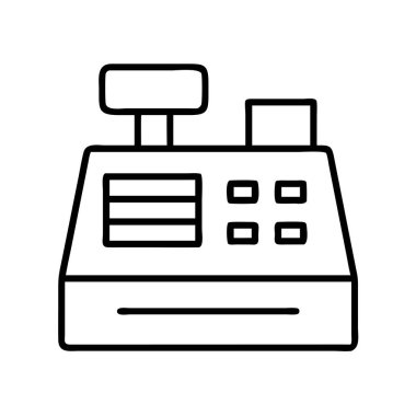 Bir yazar kasanın basit taslak simgesi, perakende işlemleri, finansal işlemleri ve modern işletmeler ve dükkanlar için satış sistemlerini temsil ediyor..