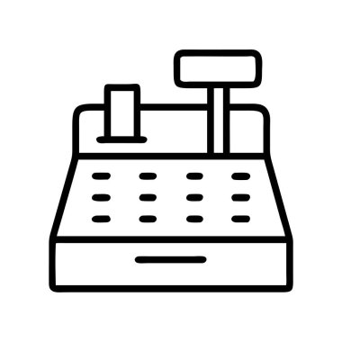 Klasik bir yazarkasa makinesinin temiz çizgi sanat simgesi, perakende işlemleri, finans, ticaret, ticaret ve ödeme kavramlarını tasvir etmek için mükemmel..