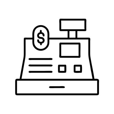 Bir dolar işaretli yazar kasanın ana hatları. Perakende satışları, finansal işlemler, iş operasyonları ve satış sistemleri sunar. E-ticaret, bankacılık ve alışveriş kavramları için ideal..