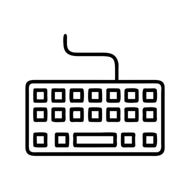 Standart bir bilgisayar klavyesinin bağlantı kablosu ile basit, temiz bir vektör çizgisi çizimi. Web tasarımı, uygulamalar, sunumlar ve teknolojiyle ilgili içerik için ideal.