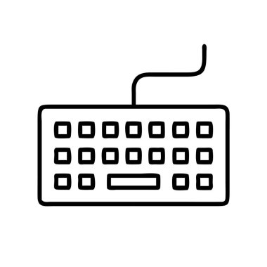 Kablolu bir bilgisayar klavyesini gösteren basit bir çizgi resim simgesi. Web tasarımı, uygulamalar, sunumlar ve dijital arayüzler için ideal. Teknoloji, veri girişi ve ofis çalışmasını temsil eder.