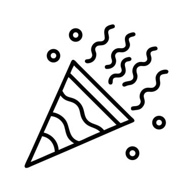 Kutlama, neşe ve olayları sembolize eden, şenlikli konfeti ve flamalarla patlayan bir parti popper 'ını tasvir eden minimalist siyah beyaz çizgili bir sanat simgesi..