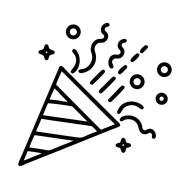 Siyah bir taslak ikonu, parti patlayıcısının patlamasını, konfeti, flama ve soyut ışıltıları serbest bırakmasını gösteriyor. Kutlamalar, doğum günleri ve neşeli etkinlikler için ideal..