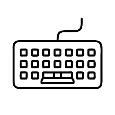 Kablolu bir bilgisayar klavyesini tasvir eden minimalist bir siyah taslak simgesi. Teknoloji, dijital iletişim, ofis işi ve programlama kavramları için ideal. Temiz vektör grafiği.
