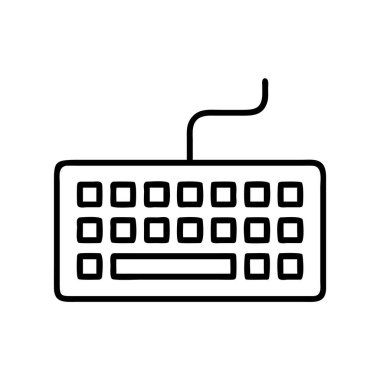 Kablolu bir bilgisayar klavyesini temsil eden temiz, basit bir çizgi sanat vektörü ikonu. Web tasarımı, uygulama arayüzleri, yazılım geliştirme, ofis temaları ve iletişim grafikleri için ideal.