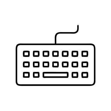 Kablolu bir bilgisayar klavyesini tasvir eden minimalist bir ana hat vektör simgesi. Teknoloji, iletişim, daktilo, programlama, veri girişi, ofis çalışması ve dijital kavramlar için ideal.