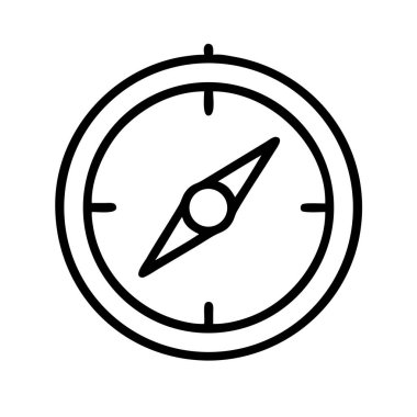 Dairesel kadranın içinde manyetik iğnesi olan klasik bir navigasyon pusulayı tasvir eden, yönü, yolculuğu ve keşfi sembolize eden minimalist siyah bir ana hat ikonu..