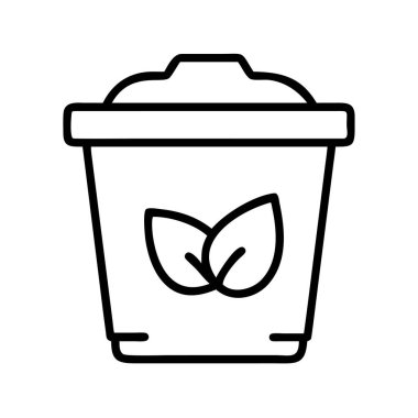 Yapraklarla süslenmiş, sürdürülebilir bir gelecek için ekolojik atık yönetimi, gübreleme ve çevresel koruma çabalarını sembolize eden bir geri dönüşüm kutusunun çizgi sanat simgesi.