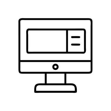 Bir masaüstü bilgisayar monitörünün minimalist çizgi resim simgesi. Teknoloji, veri, ekran, ofis, iş ve dijital iletişim kavramlarını temsil eder. Web ve uygulama tasarımı için ideal.
