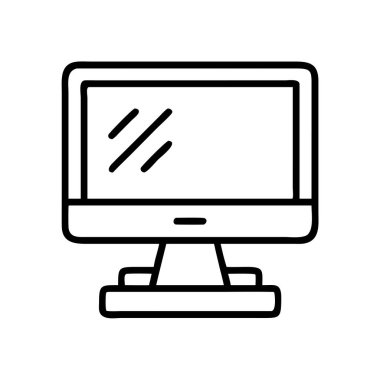 Pürüzsüz ekran ve ayakta duran bir masaüstü bilgisayar monitörünü tasvir eden temiz, modern bir taslak simgesi. Teknoloji, ofis, web ve dijital tasarım projeleri için ideal, hesaplamayı ve görüntülemeyi sembolize eder.