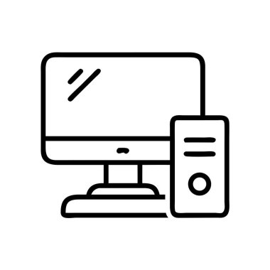 Bir masaüstü bilgisayar sisteminin basit bir taslak çizimi, bir monitör ve bir işlemci kulesi içerir. Teknoloji, ofis ve dijital kavramlar için mükemmel..