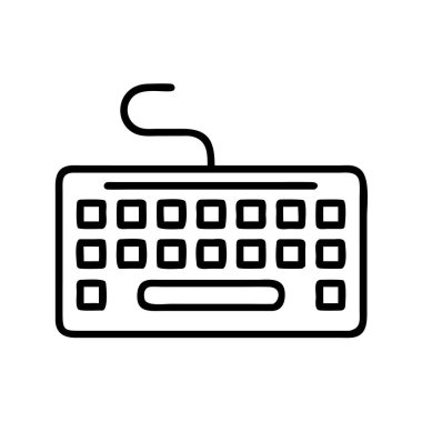 Bu temiz çizgi sanat vektörü ikonu, bireysel tuşları ve bağlantı kablosu olan klasik bir bilgisayar klavyesini gösteriyor. Teknoloji, ofis veya dijital iletişim kavramları için ideal.