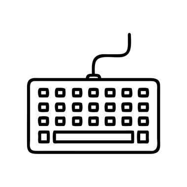 Bir bilgisayar klavyesinin telle bağlanmış minimalist vektör ana hatları simgesi. Teknoloji, veri girişi, bilgisayar ve dijital iletişimi temsil ediyor. Modern kullanım için temiz ve basit tasarım.