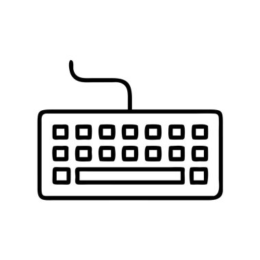 Tuşları ve kablosu olan bir masaüstü bilgisayar klavyesinin minimalist çizgi çizimi, dijital arayüzler, web tasarımı, uygulamalar ve eğitim kaynakları için mükemmel.