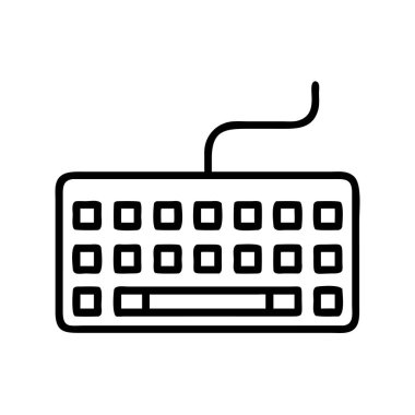 Kablolu bir bilgisayar klavyesinin, teknolojiyi, veri girişini ve ofis çalışmalarını sembolize eden çok yönlü siyah bir tasviri. Web, yazdırma ve kullanıcı arayüzü tasarım uygulamaları için ideal.