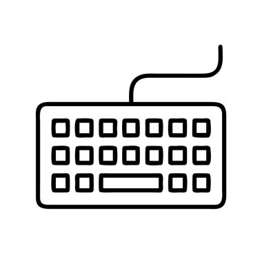 Standart bir bilgisayar klavyesinin giriş, yazım ve dijital etkileşimi temsil eden, bağlı bir kabloya sahip minimalist siyah ana hatlı vektör çizimi. Teknoloji tasarımı için ideal.