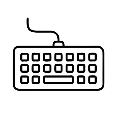 Kablolu bir bilgisayar klavyesinin minimalist çizgisi çizimi. Teknoloji, ofis, daktilo ve dijital iletişim kavramları ve tasarımları için mükemmel..