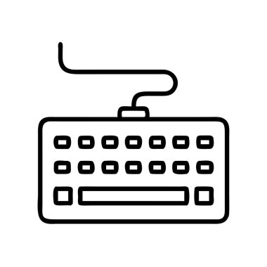 Kablolu bir bilgisayar klavyesinin basit tasviri. Bu teknoloji simgesi beyaz arkaplanda veri girişini, programlamayı ve dijital iletişimi temsil eder.
