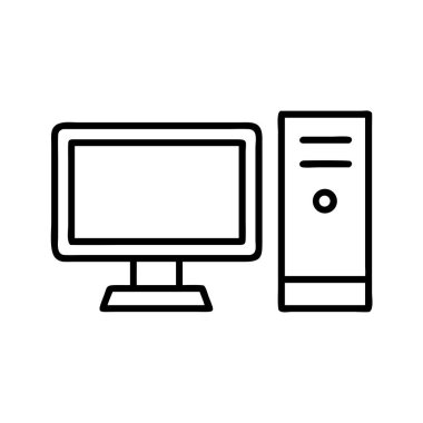 Modern teknoloji ve bilgisayar kavramlarını temiz ve izole edilmiş bir tasarımla temsil eden, kulesinin yanında bir masaüstü bilgisayar monitörü bulunan bir vektör çizgisi çizimi çizimi.