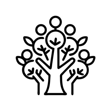 Bir topluluk ağacının stilize edilmiş doğrusal simgesi büyümeyi, bağlantıyı ve çevresel sürdürülebilirliği sembolize ediyor. Aile teması, takım çalışması ve çevre dostu girişimler için ideal.