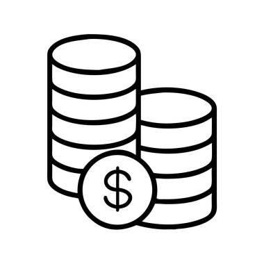 Bu çizgi sanat ikonu iki para yığını ve belirgin bir dolar işareti, para, finans, tasarruf, yatırım ve zenginlik büyümesini sembolize eden bir madeni para yığınına sahiptir..