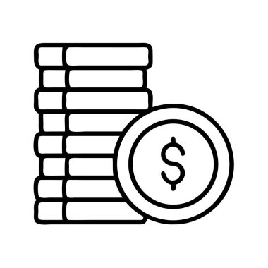 Bir dolar sikke yığınının ana hatlı vektör çizimi, iş ve ekonomi için finans, tasarruf, gelir ve yatırım kavramlarını sembolize eden bir dolar sikke ile birlikte.