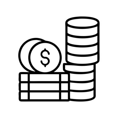 Bir dolar işareti ve dikdörtgen para desteleri ile istiflenmiş sikkeleri tasvir eden bir minimalist çizgi sanat simgesi, mali büyüme, tasarruf, yatırım ve zenginlik yönetimini sembolize eder.