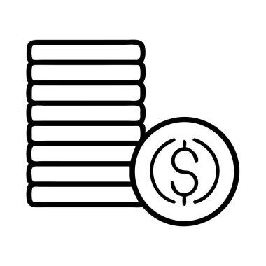 Bu vektör illüstrasyonunda bir dolar işareti, para, tasarruf ve finansal büyümeyi sembolize eden tek bir madeni para ile birlikte istiflenmiş sikkelerin minimalist çizgi sanat simgesi yer alır..