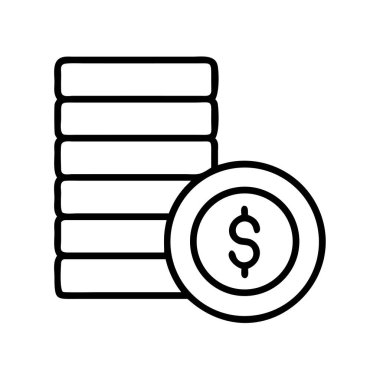 Taslak vektör çizimi bir dolar işareti, birikim, yatırım ve finansal büyümeyi sembolize eden tek bir madeni para yığını ile birlikte para yığınını tasvir ediyor.