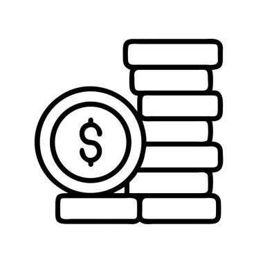 Bu vektör ikonu madeni para yığınının yanında madeni para yığınını, mali büyümeyi, zenginliği, tasarrufu, yatırımı ve ödeme çözümlerini sembolize eden bir dolar işareti simgeler. İş ve ekonomi konuları için mükemmel.