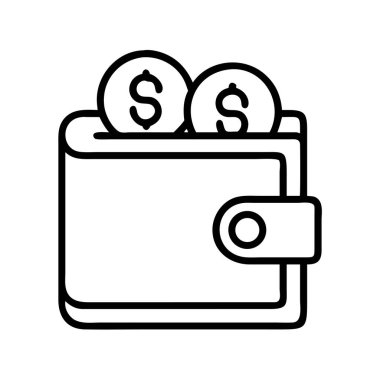 İçinde iki dolarlık madeni paralar olan bir cüzdanı tasvir eden basit bir siyah beyaz çizgi sanat simgesi. Finans, tasarruf, yatırım ve zenginlik yönetimini temsil ediyor. Finansal uygulamalar, web siteleri ve sunumlar için ideal.